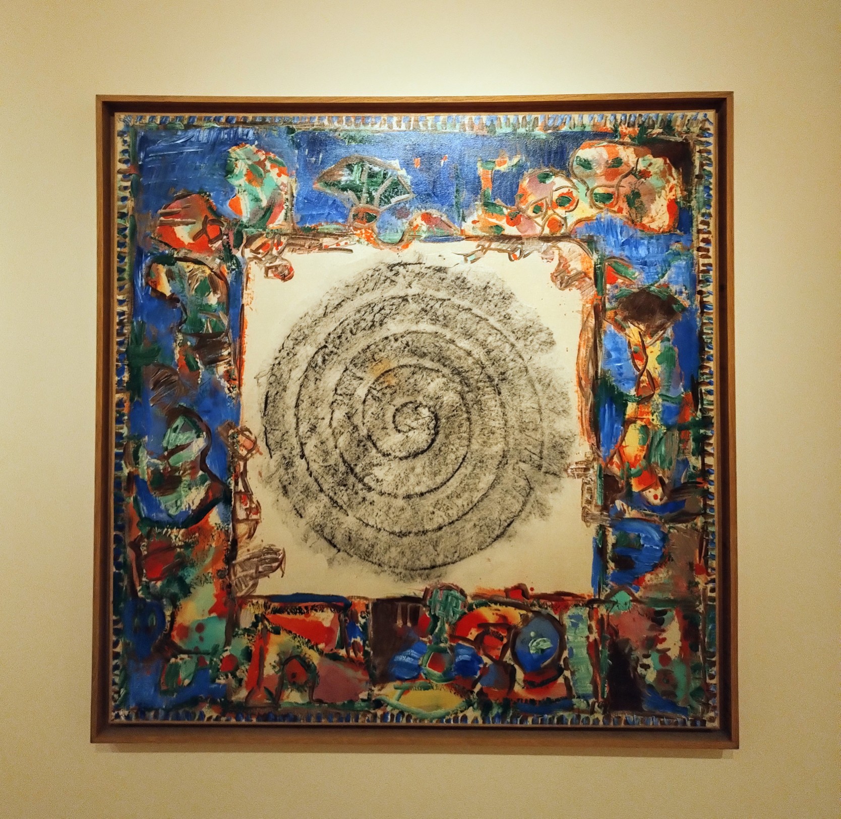 Alechinsky art work, a black spiral with blue border, rather dramatic