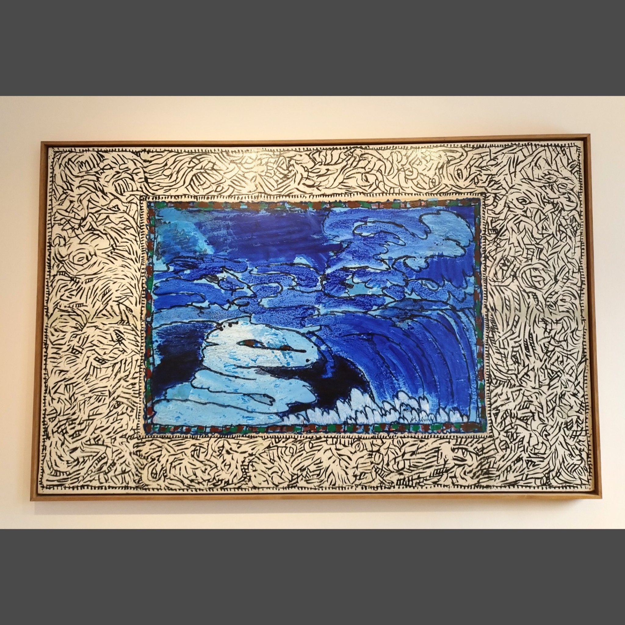 Alechinsky art work, a blue waterfall type of shape with a black lined border, natural and dramatic