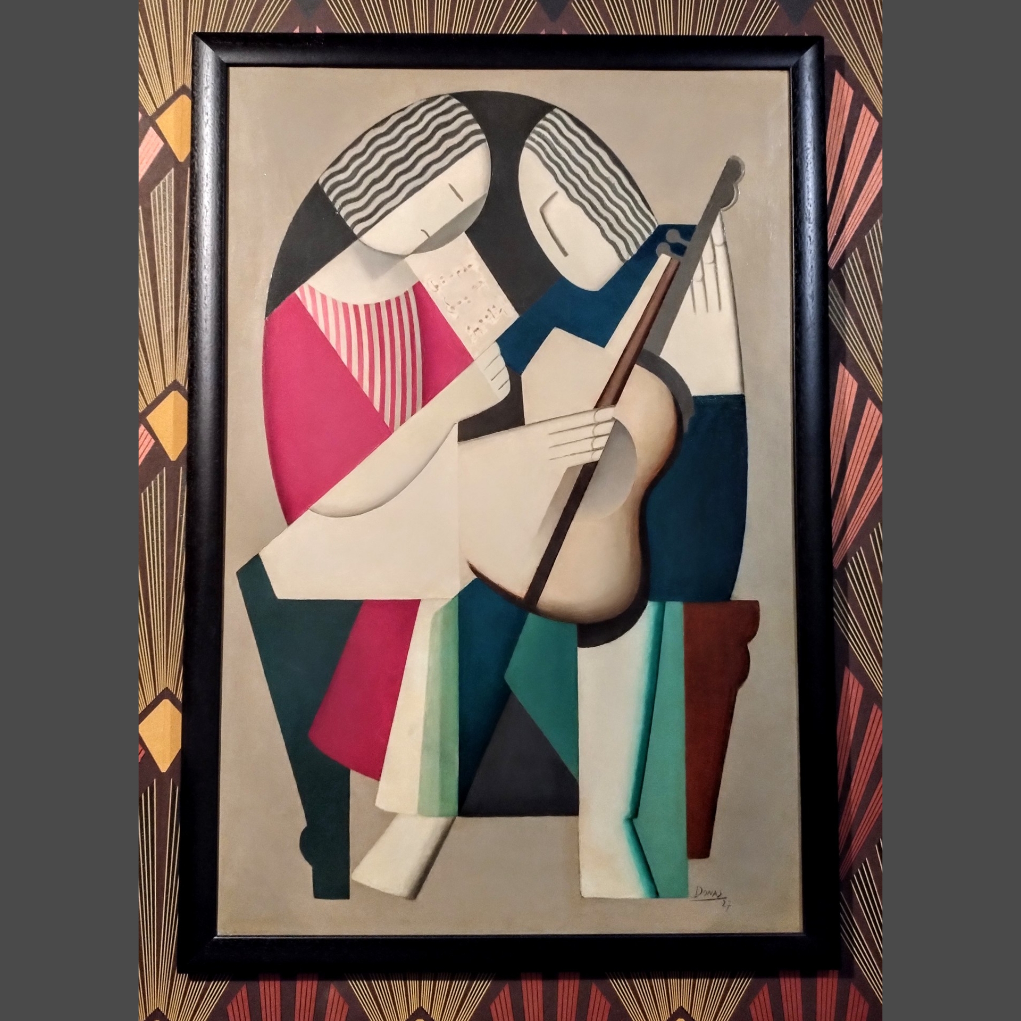 art deco modernist painting of two women and a guitar